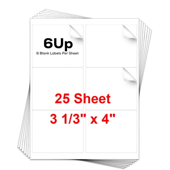 MPRT 25 Sheets 3 1/3" x 4" Address Shipping Labels, 4"x3.33" Self-Adhesive Blank White Mailing Stickers, 6 UP for Laser & Inkjet Printer, 6 Labels per Sheet