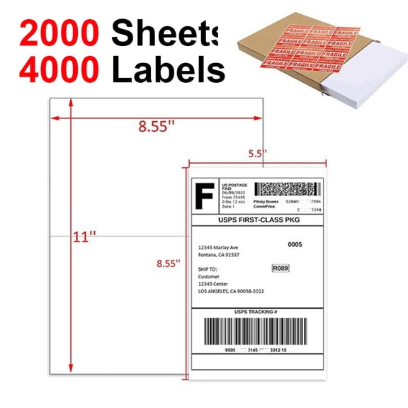 MPRT 4000 Half Sheet Label Self Adhesive Shipping Labels, 8.5" x 5.5" Mailing Address Blank Labels for Laser & Inkjet Printers (Total 4000 Labels = 2000 Sheets)