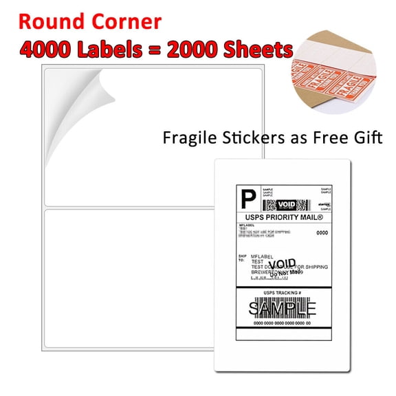 MPRT 4000 Half Sheet Label Self Adhesive Shipping Labels, 8.5" x 5.5" Round Corner Mailing Address Blank Labels for Laser & Inkjet Printers (Total 4000 Labels = 2000 Sheets)