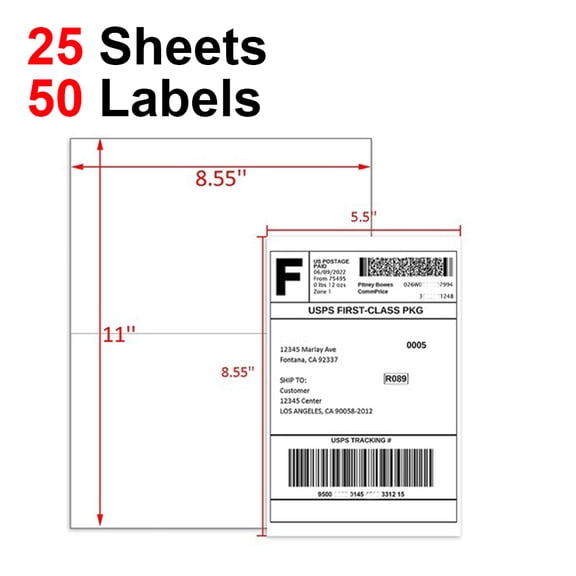 MPRT 50 Half Sheet Label Self Adhesive Shipping Labels, 8.5" x 5.5" Mailing Address Blank Labels for Laser & Inkjet Printers (Total 50 Labels = 25 Sheets)