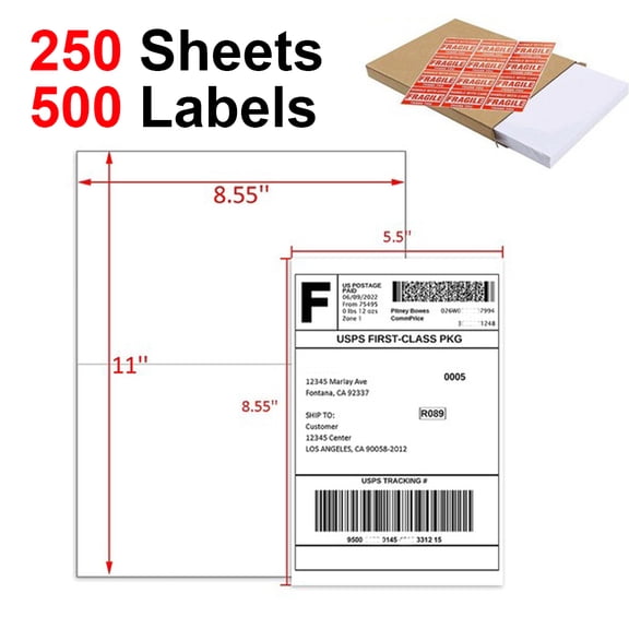 MPRT 500 Half Sheet Label Self Adhesive Shipping Labels, 8.5" x 5.5" Mailing Address Blank Labels for Laser & Inkjet Printers (Total 500 Labels = 250 Sheets)