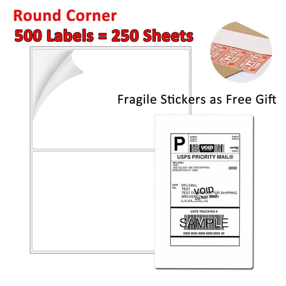 MPRT 500 Half Sheet Label Self Adhesive Shipping Labels, 8.5" x 5.5" Round Corner Mailing Address Blank Labels for Laser & Inkjet Printers (Total 500 Labels = 250 Sheets)