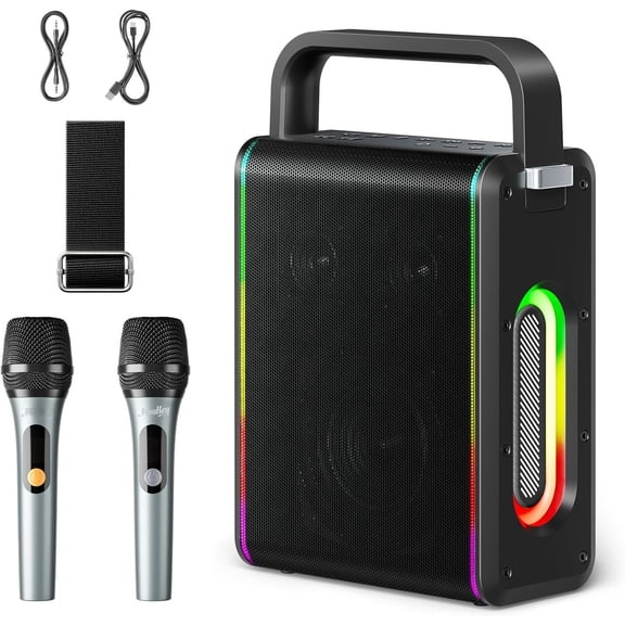 MPS5 Portable Karaoke Machine, 200W Power Rechargeable Speaker with 2 Microphones& Strap, Support BT 5.3/REC/AUX/MP3/USB/TF, for /Party/Outdoor/Adults/