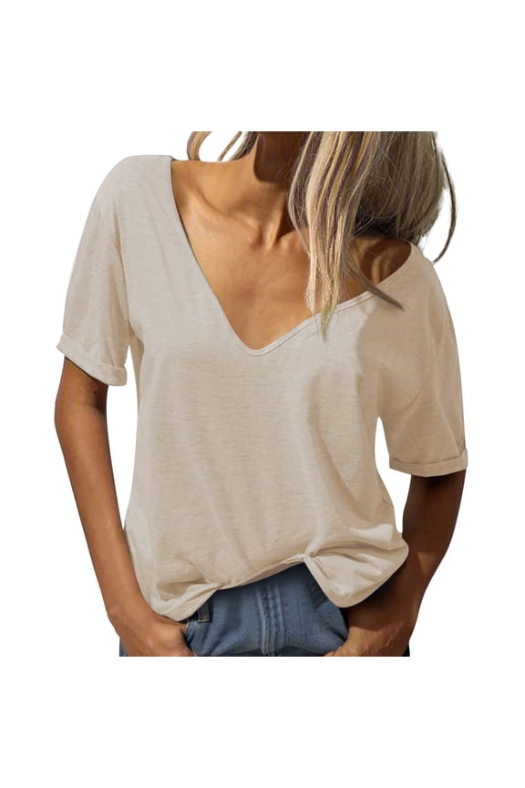 Beige T Shirts for Women's Fashion Deep V Neck Short Sleeve Top Solid Color Casual Loose Basic Shirt Cotton
