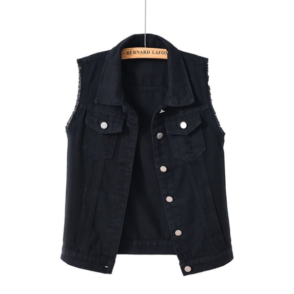 MPWEGNP Multi Color Denim Vest Female Short Spring And Summer Slim Thin Burlap Sleeveless Shoulders Broken Holes Vest Jacket Black XL