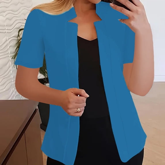 MPWEGNP Blazers for Women Women's Autumn Solid Color Short Sleeved Loose Casual Suit Jacket Blazer Jackets for Women Blue2 M