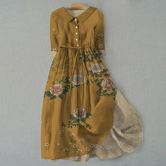 MPWEGNP Fall Dresses for Women 2024 Women's Casual Art Floral Print Button Mid Long Sleeve Loose Large Hem Drape Dress Gold S