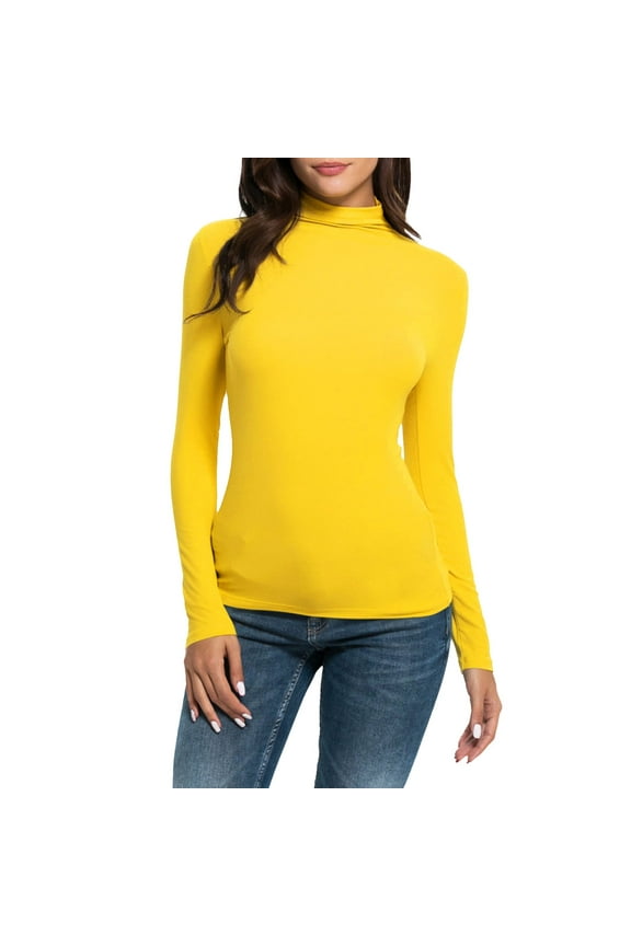 Fall Tops for Women 2024 Women Casual Solid Long Sleeve Mock Turtleneck Blouse Tops Slim Fit Stretchy Layer Tee Shirts Yellow XL