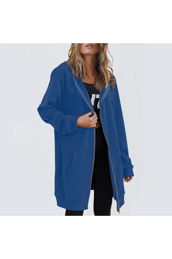 Hoodies for Women Lady's Fall And Winter Hoodie Mid Length Hoodie Long Sleeved Top Winter Coat Hooded Cardigan for Women Blue L
