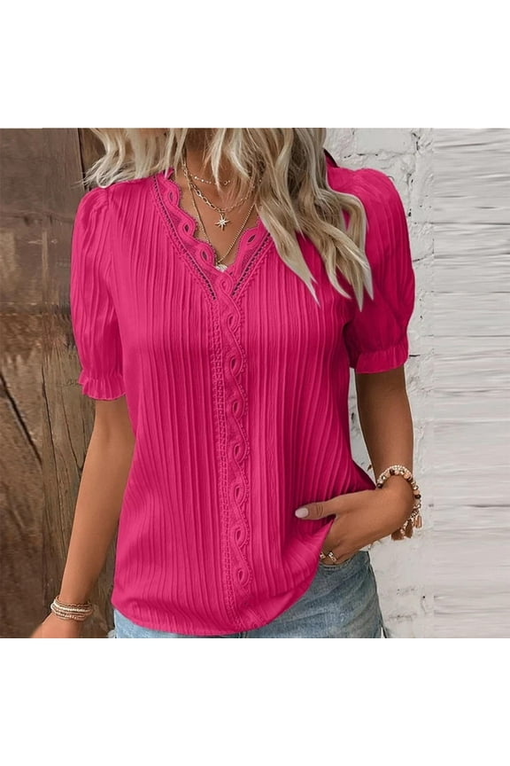 Hot Pink Plus Size Womens Tops Women Summer Lace V Neck Plain Elegant Shirt Fashion Solid Color Blouse Short Sleeve Comfy Soft Tee