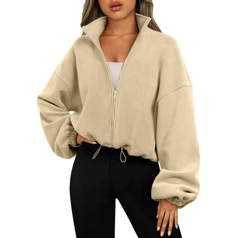 TANGNADE Khaki Sweatshirt for Women Solid Color Mock Neck Women s Full Zip Fleece Short Jacket Warm Winter Long Sleeve Stand Collar Crop Coat Workout Tops Women Sweatshirt XL Walmart
