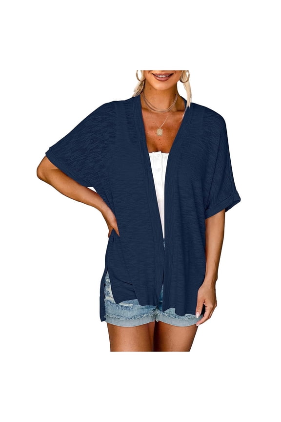 Womens Tops Dressy Casual 2024 Summer Lightweight Cardigan Short Sleeve Open Front Loose Cover Ups Blouse Blue