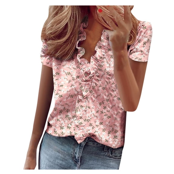 MPWEGNP Shirts Plus Size Tops Casual T-Shirt Short V-Neck Top Summer Women's Sleeve Solid Print Dressy Ruffle Blouse
