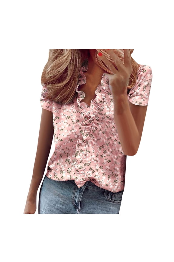 Shirts Plus Size Tops Casual T-Shirt Short V-Neck Top Summer Women's Sleeve Solid Print Dressy Ruffle Blouse