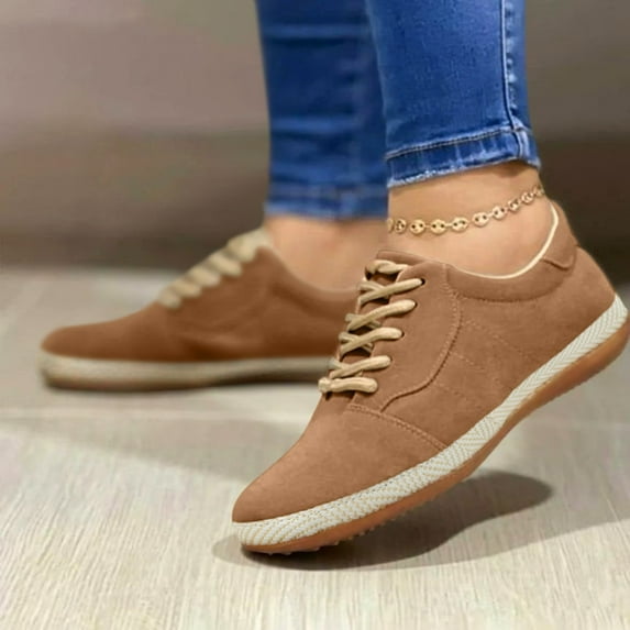 MPWEGNP Shoes For Women Suede Breathable Solid Color Flat Round Toe Comfortable Lace Up Casual Single Slip On Sneakers