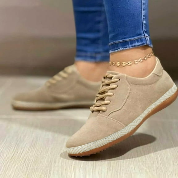MPWEGNP Shoes for Women Suede Breathable Solid Color Flat Round Toe Comfortable Lace Up Casual Single Slip On Sneakers