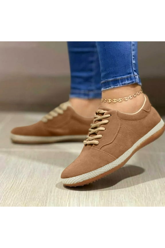 Shoes for Women Suede Breathable Solid Color Flat Round Toe Comfortable Lace Up Casual Single Slip On Sneakers