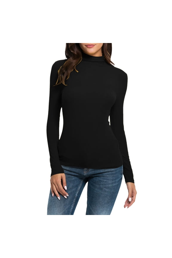 Fall Tops for Women 2024 Women Casual Solid Long Sleeve Mock Turtleneck Blouse Tops Slim Fit Stretchy Layer Tee Shirts Black S