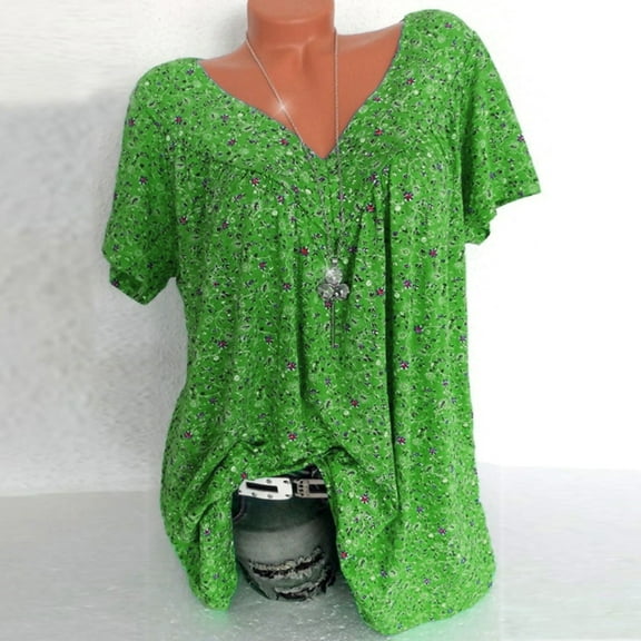 MPWEGNP Tops Sleeves Blouse Short Shirt Pullover Size Plus Women V Neck Print Women'S Blouse Green L