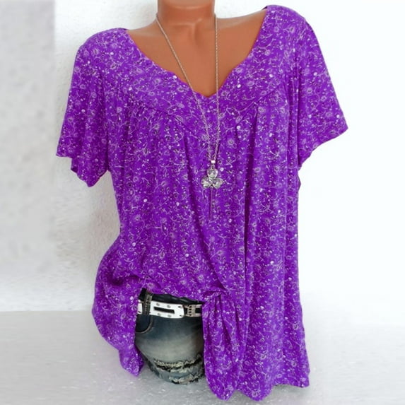 MPWEGNP Tops Sleeves Blouse Short Shirt Pullover Size Plus Women V Neck Print Women'S Blouse Purple 3XL