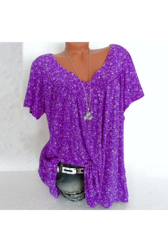 Tops Sleeves Blouse Short Shirt Pullover Size Plus Women V Neck Print Women'S Blouse Purple 4XL