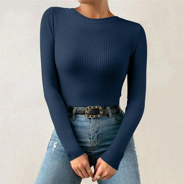 MPWEGNP Women Autumn And Winter Casual Solid Color Basic Round Neck Knit Long Sleeve Bodysuit Slim Top for Women Navy One Size