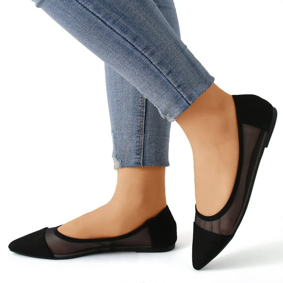 MPWEGNP Women Mesh Pointed Toe Breathable Flat Shoes Slip on Women's Loafers Dress Comfortable (Black 8.5)