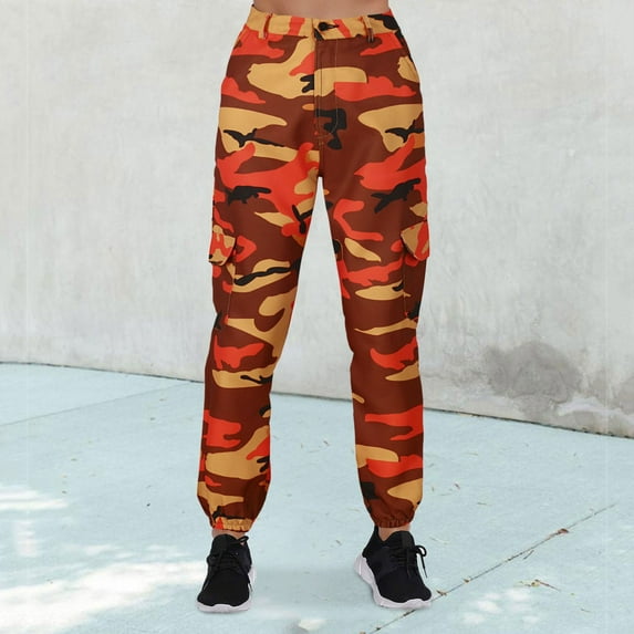 MPWEGNP Women Pants Cargo Trousers Camouflage Pants Elastic Waist Casual Multi Outdoor Jogger Pants with Pocket Orange M