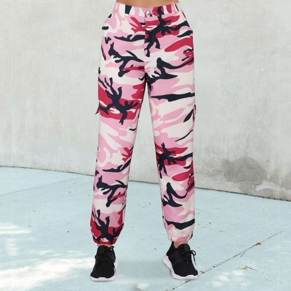 MPWEGNP Women Pants Cargo Trousers Camouflage Pants Elastic Waist Casual Multi Outdoor Jogger Pants with Pocket Pink L