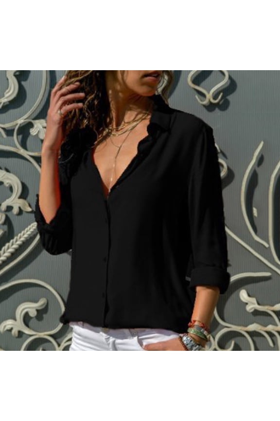Women'S Long Sleeve Solid Color Button Turn-Down Collar Shirts Blouses Tops Black 2XL