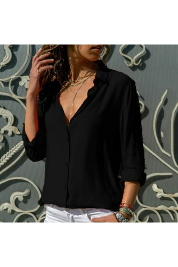 Women'S Long Sleeve Solid Color Button Turn-Down Collar Shirts Blouses Tops Black S