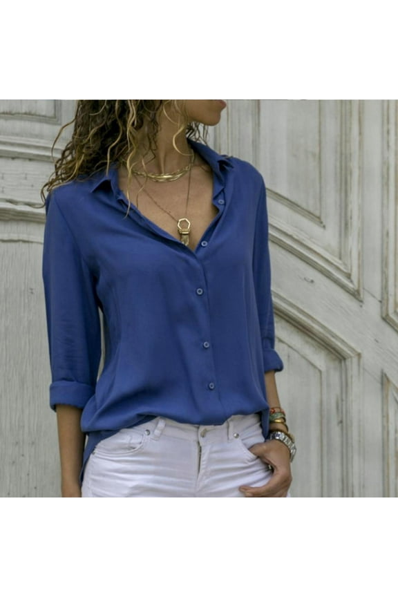 Women'S Long Sleeve Solid Color Button Turn-Down Collar Shirts Blouses Tops Blue XL