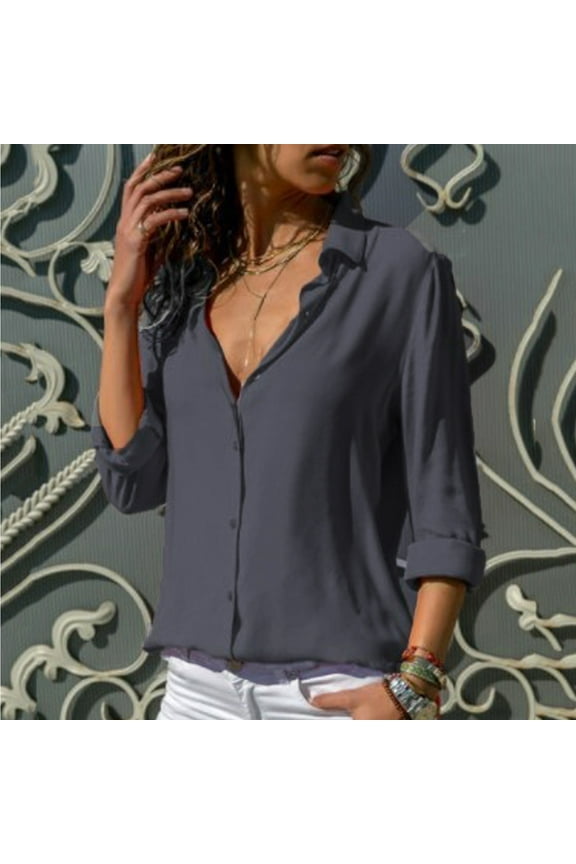 Women'S Long Sleeve Solid Color Button Turn-Down Collar Shirts Blouses Tops Grey S