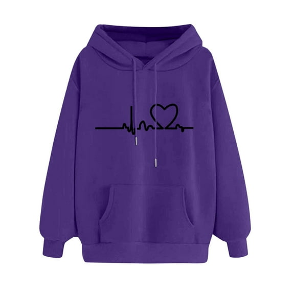 MPWEGNP Women's Casual Heart Printed Long-Sleeved Hooded Sweatshirt, Purplr, Women's Plus