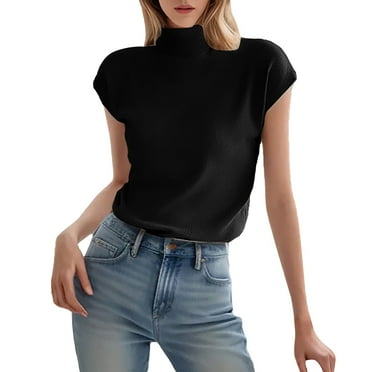 MPWEGNP Women's Ice Silk Short Sleeve Sweater Small Turtle Collar Casual Basic Knitted Slim Fit Pullover Tops for Women Black L