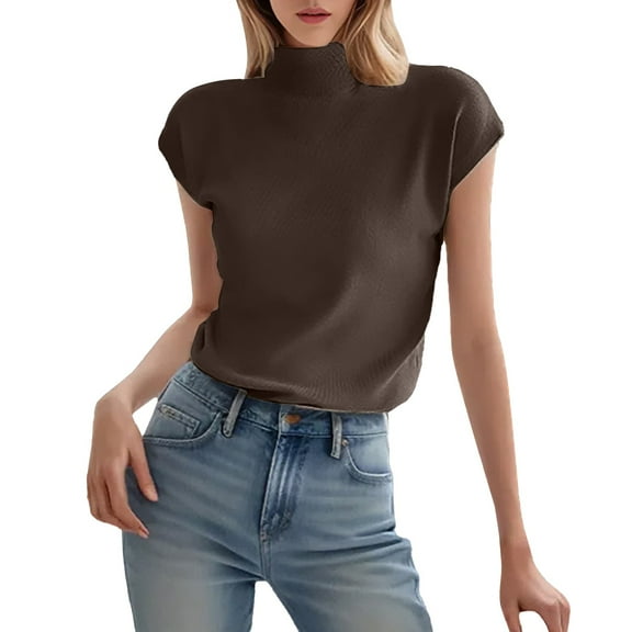 MPWEGNP Women's Ice Silk Short Sleeve Sweater Small Turtle Collar Casual Basic Knitted Slim Fit Pullover Tops for Women Coffee M