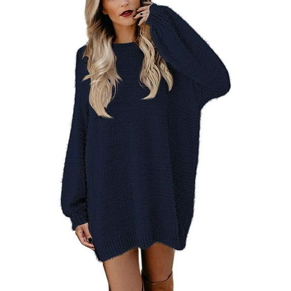 MPWEGNP Women's Solid Color Long Sleeve Dress Knit Turtleneck Long Sleeve Solid Color Slim Plush Sweater Fall Winter Dress Dark Blue XL