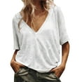 thumbnail image 1 of MPWEGNP Women's Solid Color Short Sleeve Deep V Neck Short Sleeve Solid Color Casual Fashion T Shirt Top White S, 1 of 4