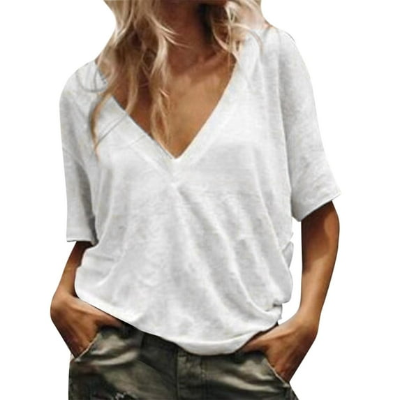 MPWEGNP Women's Solid Color Short Sleeve Deep V Neck Short Sleeve Solid Color Casual Fashion T Shirt Top White S