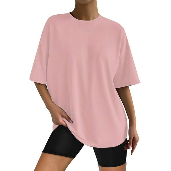 MPWEGNP Women's Solid Color Short Sleeve Loose T Shirt Round Neck Short Sleeve Top Summer Casual Shirt T Shirt Pink 4XL