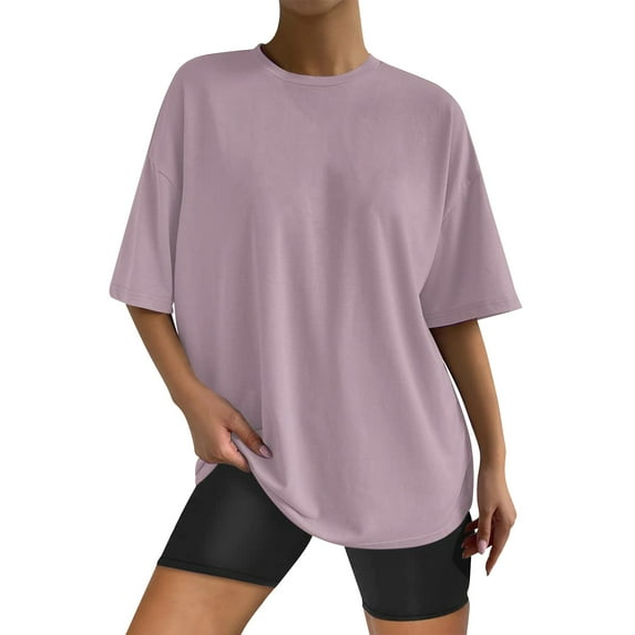 MPWEGNP Women's Solid Color Short Sleeve Loose T Shirt Round Neck Short Sleeve Top Summer Casual Shirt T Shirt Purple M