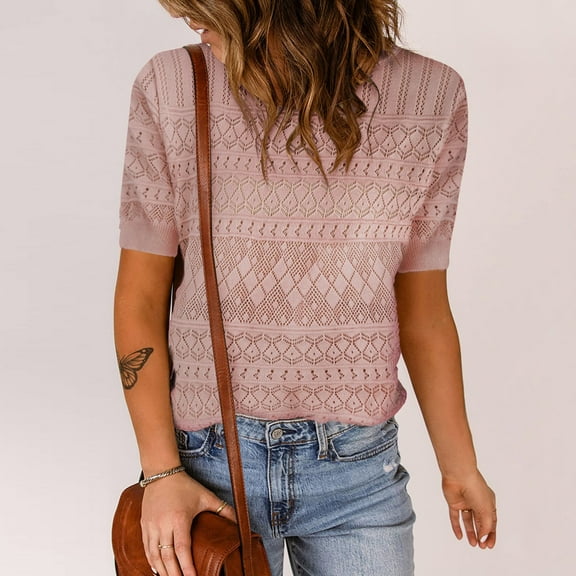 MPWEGNP Womens Short Sleeve Sweaters Tops Crew Neck Pullover Shirt Lightweight Knit Sweater Blouse for Women Fall Pink