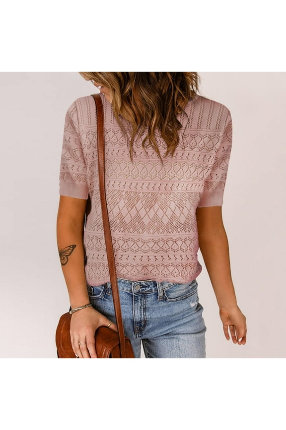 Womens Short Sleeve Sweaters Tops Crew Neck Pullover Shirt Lightweight Knit Sweater Blouse for Women Fall Pink