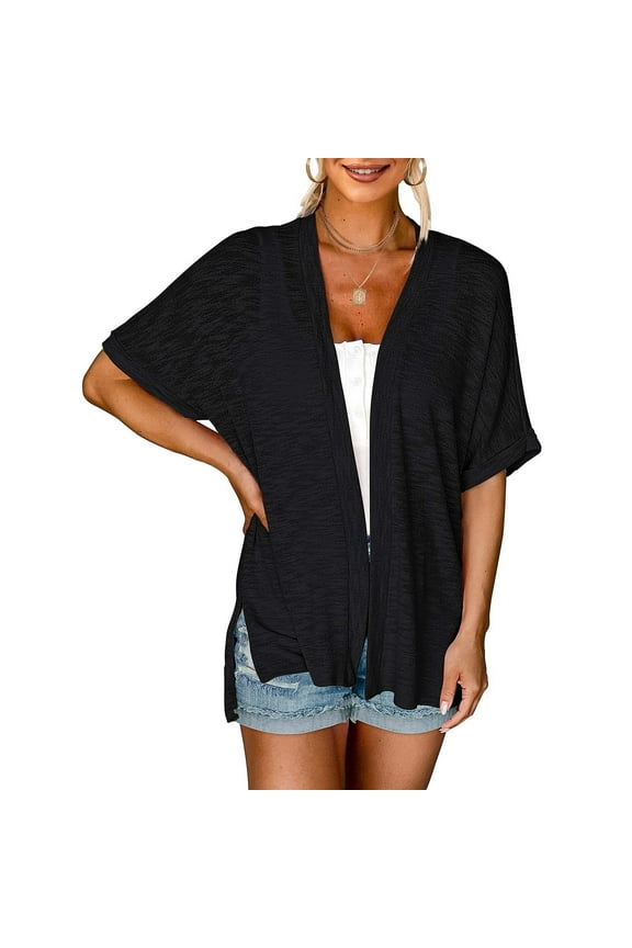 Womens Tops Dressy Casual 2024 Summer Lightweight Cardigan Short Sleeve Open Front Loose Cover Ups Blouse Black