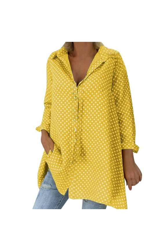 Yellow Shirts for Women Vintage Long Sleeve Polka Dots Shirt Collar Top Shirt Blouse