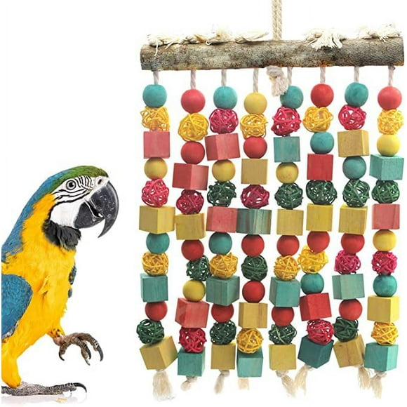 MQ Large Bird Parrot Toy,Bird Chewing Toy Natural Wooden Wooden Blocks Takraw Parrot Cage Bite Toy Suits for Large Medium Birds Macaws African Grey Cockatoos Amazon Parrots