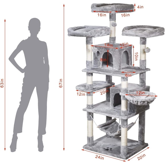 MQ Multi-Level  Tree, Activity Centre  Tower Furniture with Sisal-Covered Scratching Posts, 3 Padded Plush Perches, Dual Condo & Basket, Removable Hammock, for Large Cats,