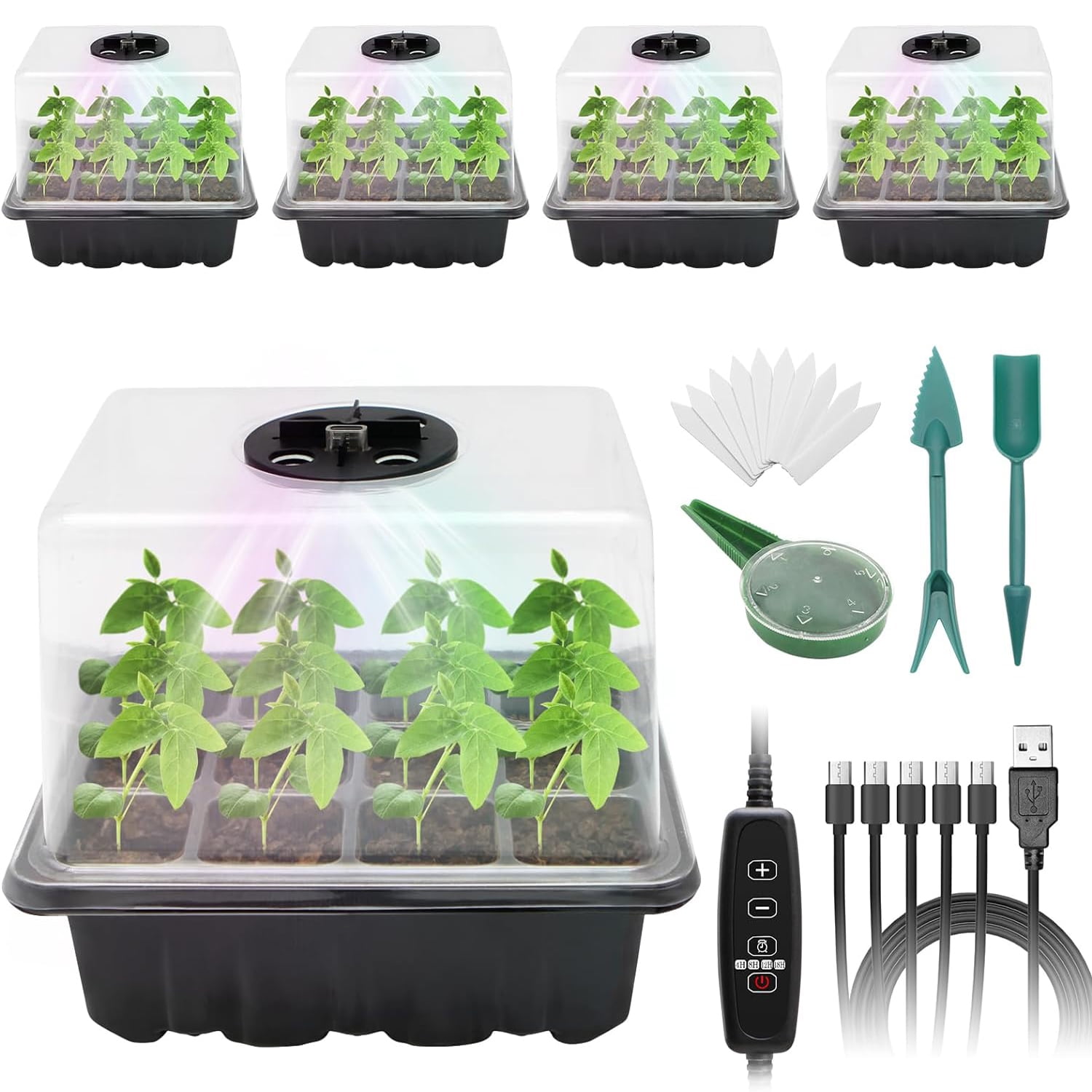 5-Pack Seed Starter Tray Kit With Grow Light & Dome - 60 Cells, Self-Watering For Seedlings