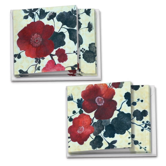 MQ4567OCB-B6x2 Heartfelt Blooms: 12 Assorted, Blank, Blank Square-Top, All Occasions Greeting Cards Featuring Images of Bright Crimson Asian Style Flowers with Envelopes by The Best Card Company