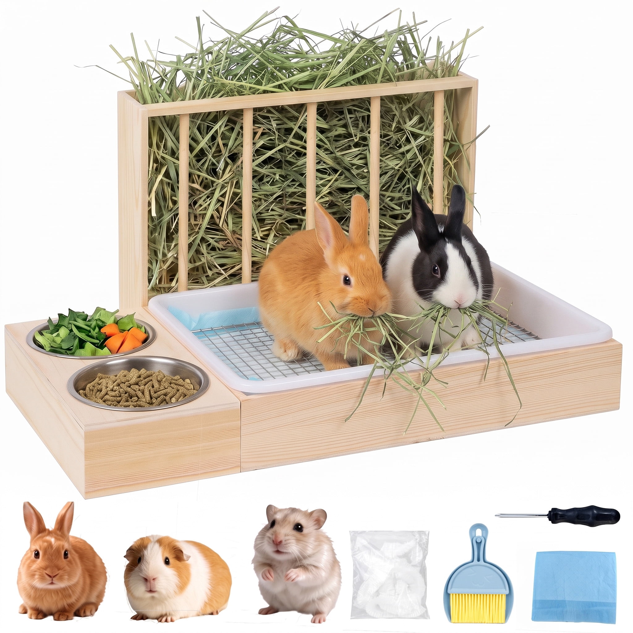 MQAAUP 3 in 1 Rabbit Hay Feeder with Litter Box,Large Wooden Hay Feeder with 2 Bowls for Guinea Pig Chinchilla Bunny Other Small Animals